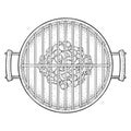 Barbecue grill top view with charcoal. Vintage black vector engraving