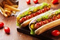 Barbecue grilled hot dog with sausage and ketchup on wooden kitchen board. Traditional american fast food. Royalty Free Stock Photo