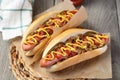 Barbecue Grilled Hot Dog with Yellow Mustard and ketchup Royalty Free Stock Photo