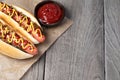 Barbecue Grilled Hot Dog with Yellow Mustard and ketchup Royalty Free Stock Photo