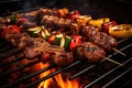 Barbecue with grilled meat and vegetables on grill, close-up, Closeup of barbecues cooking grilling on charcoal, top section