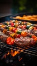 Barbecue grilling outdoors, closeup of delicious meat and vegetables Royalty Free Stock Photo