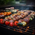 Barbecue grilling outdoors, closeup of delicious meat and vegetables Royalty Free Stock Photo