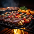 Barbecue grilling outdoors, closeup of delicious meat and vegetables Royalty Free Stock Photo