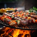 Barbecue grilling outdoors, closeup of delicious meat and vegetables Royalty Free Stock Photo