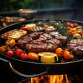 Barbecue grilling outdoors, closeup of delicious meat and vegetables Royalty Free Stock Photo