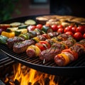 Barbecue grilling outdoors, closeup of delicious meat and vegetables Royalty Free Stock Photo