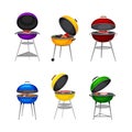 Barbecue grills set. Different types of charcoal kettle grills with assorted delicious grilled meat and vegetables