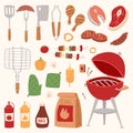 Barbecue home or restaurant rarty dinner products bbq grilling kitchen equipment vector flat illustration