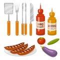 Barbecue home or restaurant rarty dinner products bbq grilling kitchen equipment vector flat illustration