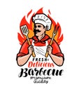 Barbecue logo or label. Cook or happy cook holding a grill tools spatula and fork. Lettering vector illustration