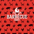 Barbecue logo on red seamless pattern, vector illustration Royalty Free Stock Photo