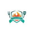 Barbecue logo with shield design combination, fire icon, cutlery