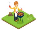 Barbecue man cook meat steak nature forest isometric flat design vector illustration