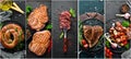 Barbecue, meat dishes: steak, kebab, sausage. Photo collage. Banner Royalty Free Stock Photo