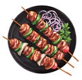 Barbecue meat on wooden skewers on a plate. Watercolor illustration Royalty Free Stock Photo