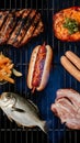 Barbecue meats on grill with hot dog, fish, and pork