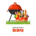 Barbecue in nature. Vector illustration in flat style. Barbecue grill and picnic basket with food. Royalty Free Stock Photo