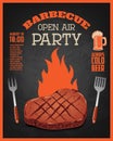 Barbecue open air party flyer template. Grilled meat on dark