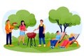 Barbecue outdoor party. Happy friends cooking grill meat and sausages on summer picnic. Vector characters illustration