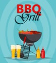 Barbecue party. BBQ grill. Poster with sausages and vegetables on grill, beer and sauces