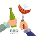 Barbecue Party Concept Vector. Cooked Hot Sausage. Hand Holding A Bottle Of Beer. Invitation Card. BBQ Grill Picnic Royalty Free Stock Photo