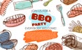 Barbecue party food and tools banner with copyspace