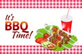 Barbecue party horizontal banner. Grill summer food. Picnic cooking device. Flat isometric illustration. Family weekend