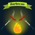 Barbecue party invitation card design template. Fire, sausage, fork. Vector illustration, flat style. Royalty Free Stock Photo