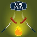 Barbecue party invitation card design template. Fire, sausage, fork. Vector illustration, flat style.