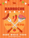 Barbecue party invitation. Grilled sausage and salmon steak, summer bbq event, cooking outdoor, family and friends Royalty Free Stock Photo