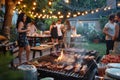 Barbecue party with people in the background, grilled steak, grilled meat and vegetables, summer party, barbecue in the garden, Royalty Free Stock Photo