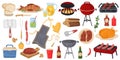 Barbecue party tools. BBQ picnic elements. Barbeque food. Summer event. Cooking beef on grill or open fire. Fish and Royalty Free Stock Photo