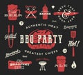 Barbecue Party Vector Retro Symbol Set. Meat and Beer Icon Typography Pattern. Steak, Sausage, Grill Signs. Red on Dark Royalty Free Stock Photo