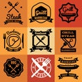 Barbecue party vintage vector emblems, labels, logos for BBQ steak posters Royalty Free Stock Photo