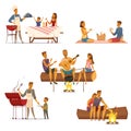 Barbecue Picnic Retro Cartoon Icons Set