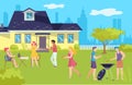 Barbecue picnic in summer, grill bbq holidays vector illustration. Barbeque on vacation, happy people outdoor, group of