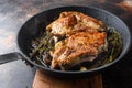 Barbecue Pork Chops on the bone with seasonings and grilled on hot skillet with smoke just from the fire close up side view Royalty Free Stock Photo