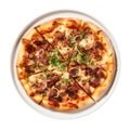 Barbecue Pork Pizza On White Plate On White Background Directly Above View