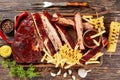 Barbecue Pork ribs, french fries and corn cobs Royalty Free Stock Photo