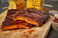 Barbecue pork ribs. Slow cooking recipe. Whole pickled roasted pork meat, side view Royalty Free Stock Photo