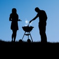 Barbecue poster with silhouette of woman man and grill template