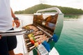 Barbecue preparing for a party on the luxury catamaran yacht Royalty Free Stock Photo