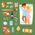 Barbecue resting picnic couple and vector icons. Royalty Free Stock Photo