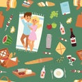 Barbecue resting picnic couple and vector seamless pattern Royalty Free Stock Photo