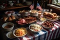 A barbecue ribboned with garlands of red, white and blue ribbon, hot dogs and hamburgers cooking on the grill, next to a bowl of Royalty Free Stock Photo