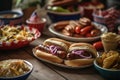 A barbecue ribboned with garlands of red, white and blue ribbon, hot dogs and hamburgers cooking on the grill, next to a bowl of Royalty Free Stock Photo