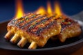 Barbecue ribs glazed with blowtorch flame creating glossy caramelization. Captured in dramatic lighting, creating moody Royalty Free Stock Photo