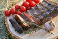 Barbecue ribs meat prepared in traditional European style with rosemary herb cherry tomatoes and garlic on a raw solid