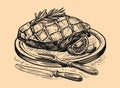 Beef veal steak grilled. Barbecue, roast meat, grill food sketch. Hand drawn engraved vintage vector illustration